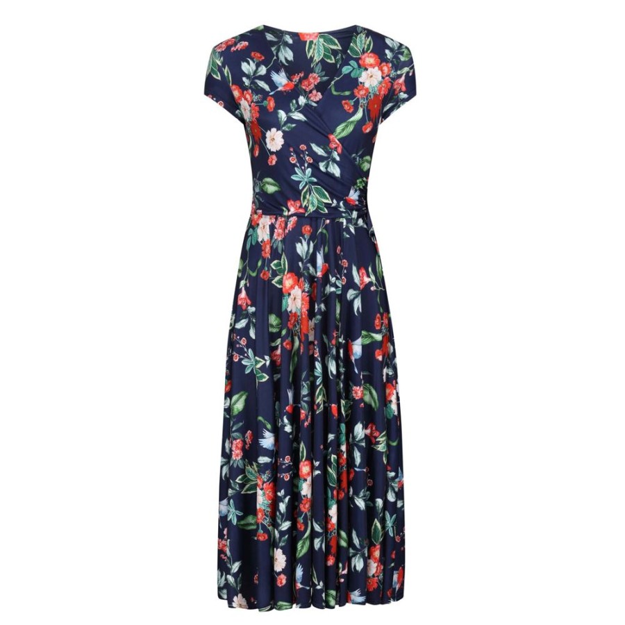 Pretty Kitty Fashion Navy Floral Bird Print Cap Sleeve Crossover Top Swing Dress | Floral Dresses