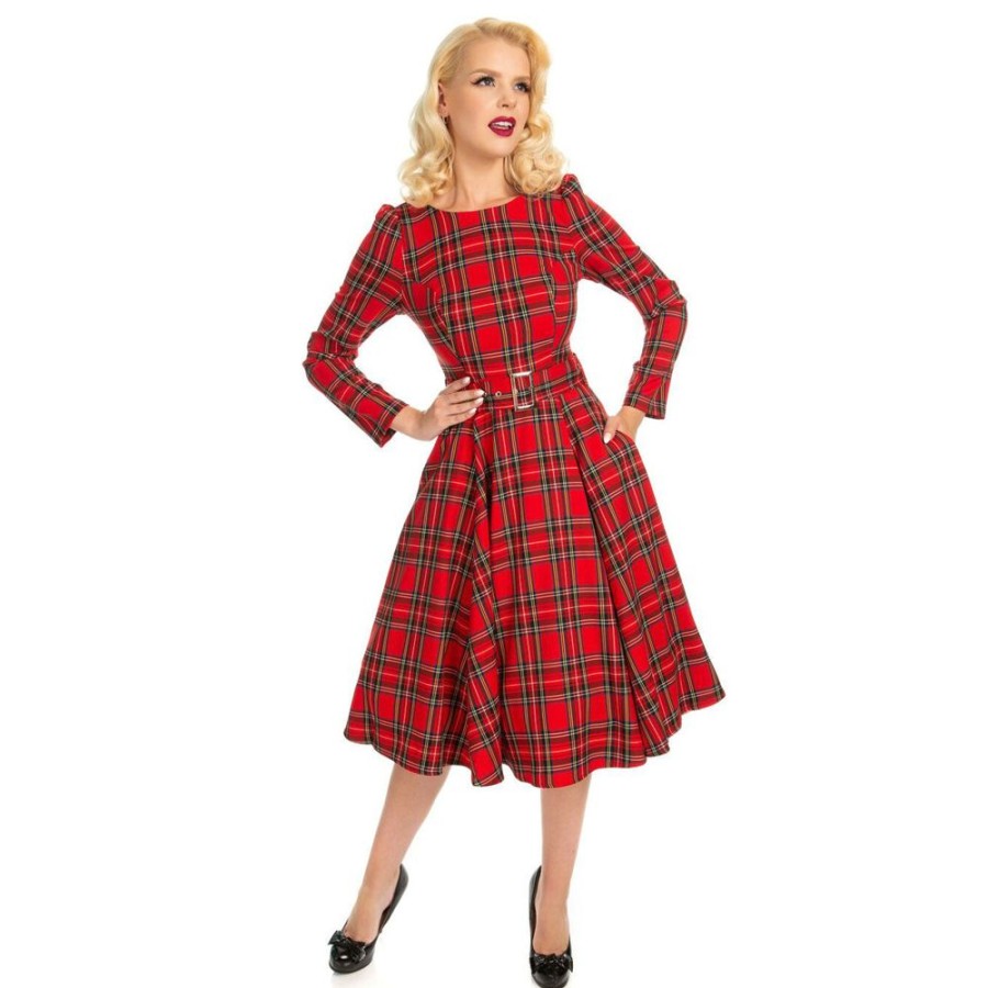 Hell Bunny Tartan Long Sleeve Burns Night & Rockabilly Style Swing Dress | 50S Swing Dresses