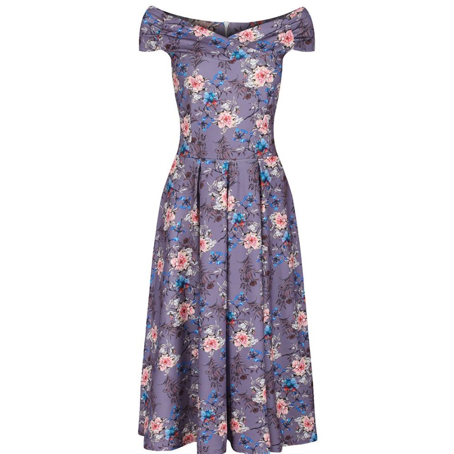 Pretty Kitty Fashion Mauve Floral Print Cap Sleeve Crossover Top 50S Swing Bardot Dress | Floral Dresses