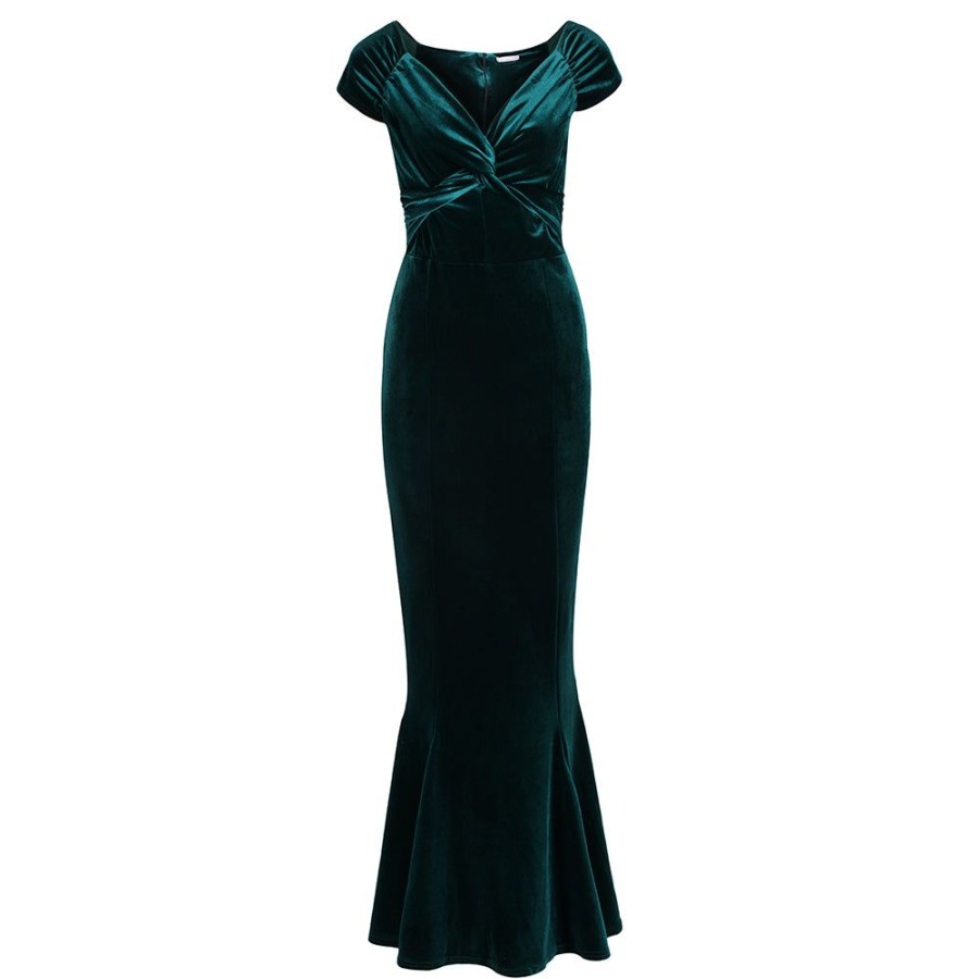 Pretty Kitty Fashion Emerald Cap Sleeve Twist Bust Fishtail Hem Velour Maxi Dress | Maxi Dresses