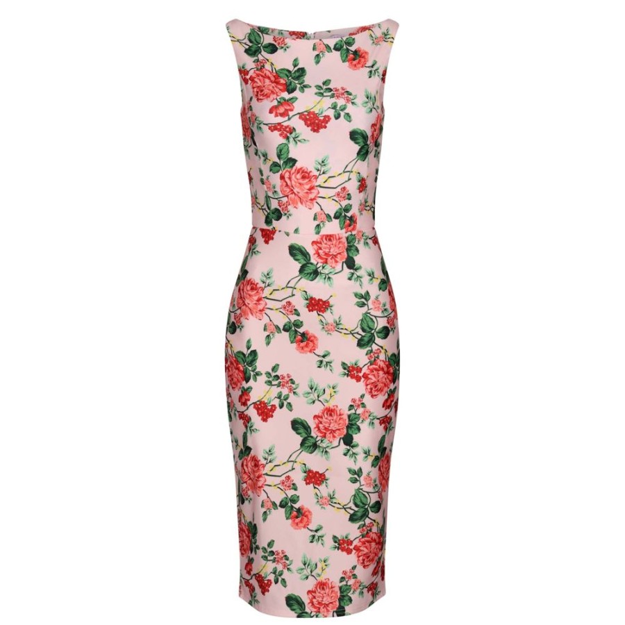 Pretty Kitty Fashion Rose Print Audrey Inspired Wiggle Bodycon Midi Dress | Floral Dresses