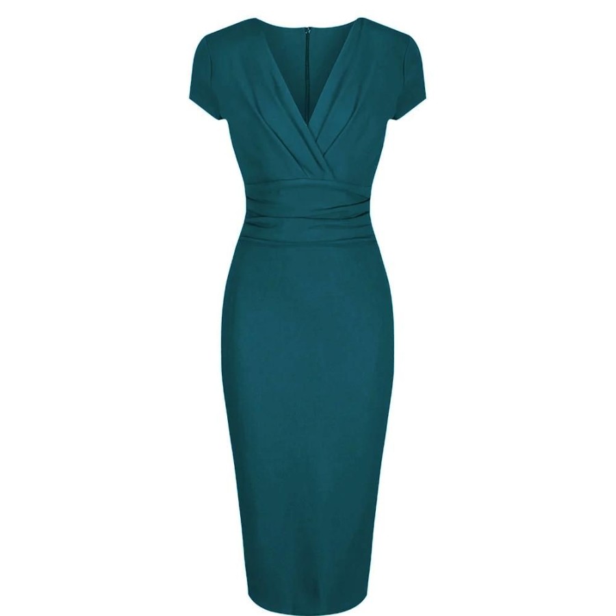 Pretty Kitty Fashion Blue Green Deep V Neck Cap Sleeve Ruched Waist Bodycon Wiggle Dre | Pencil Dresses