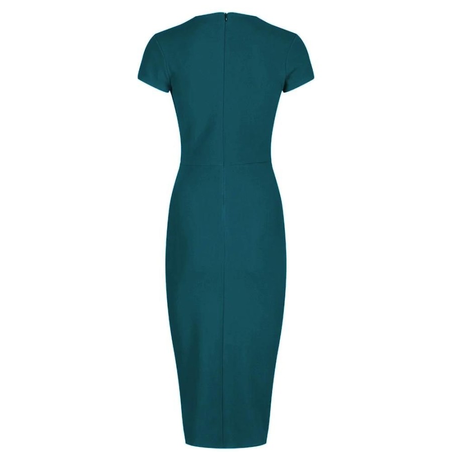 Pretty Kitty Fashion Blue Green Deep V Neck Cap Sleeve Ruched Waist Bodycon Wiggle Dre | Pencil Dresses