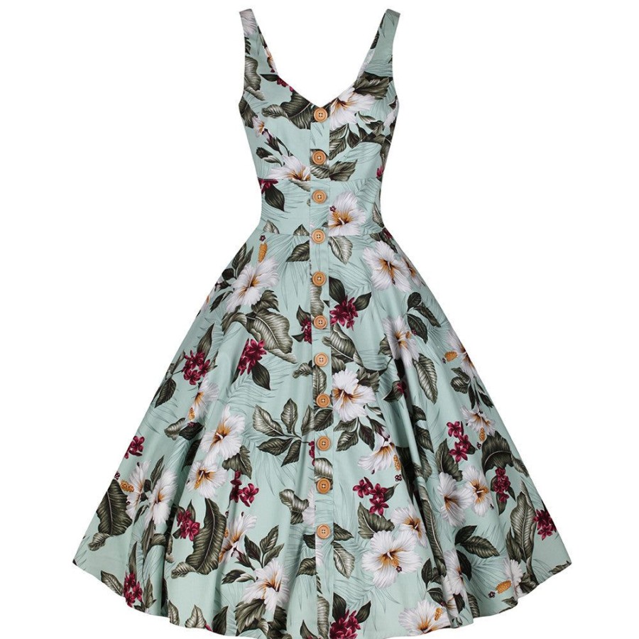 Hell Bunny Mint Retro Vintage Floral Print Summer 50S Swing Dress | Rockabilly Dresses