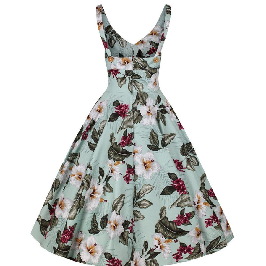 Hell Bunny Mint Retro Vintage Floral Print Summer 50S Swing Dress | Rockabilly Dresses