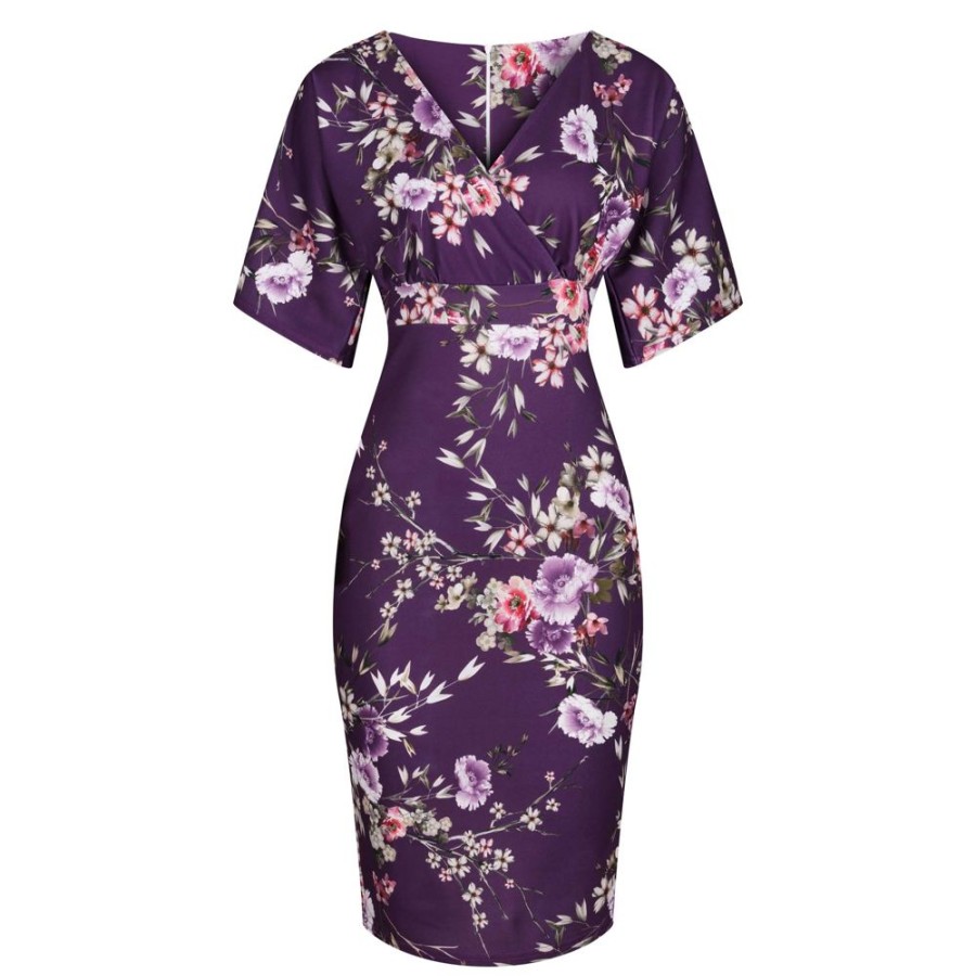 Pretty Kitty Fashion Aubergine Floral Half Batwing Sleeve Crossover Top Pencil Dress | Party Dresses