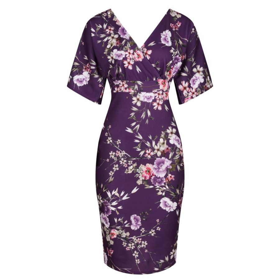 Pretty Kitty Fashion Aubergine Floral Half Batwing Sleeve Crossover Top Pencil Dress | Party Dresses