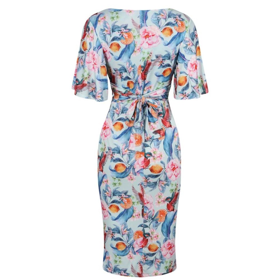 Pretty Kitty Fashion Tropical Floral Fruit Print Waterfall Sleeve Bodycon Pencil Dress | Party Dresses