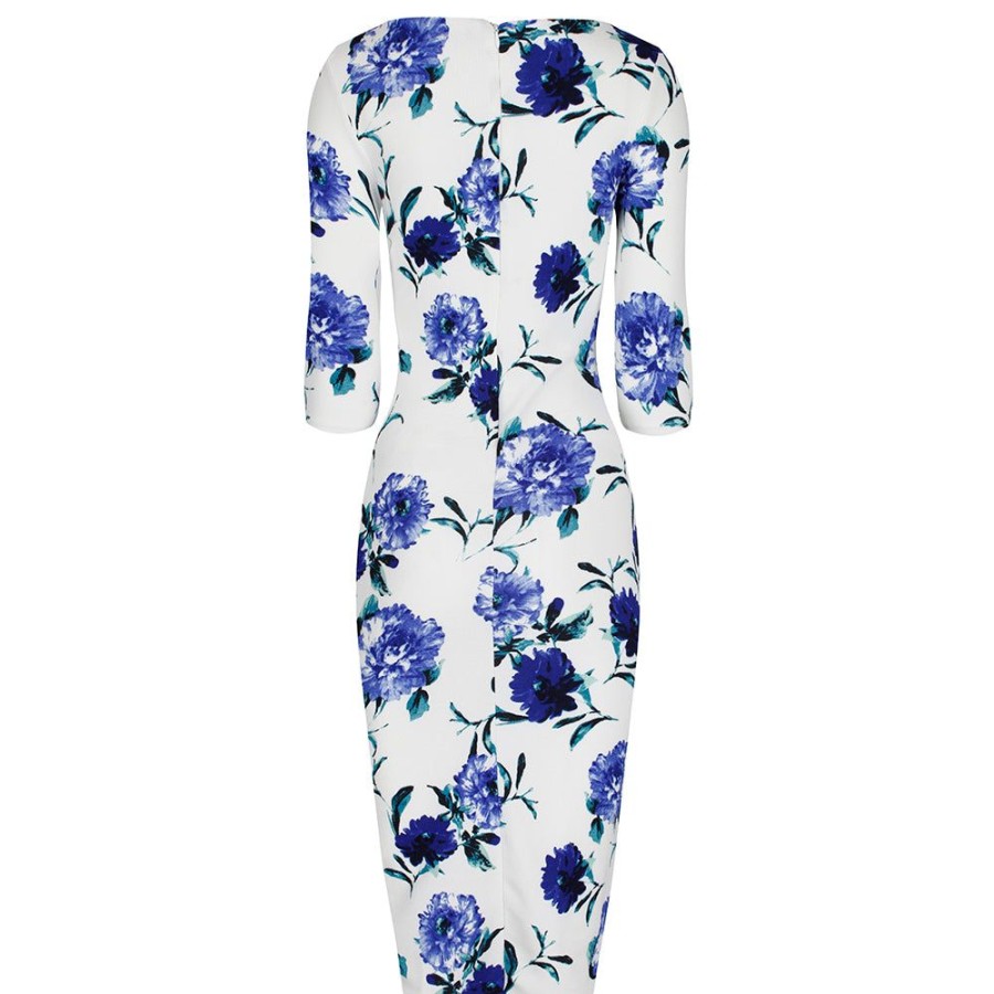 Pretty Kitty Fashion White And Blue Floral Print 3/4 Sleeve Bodycon Pencil Wiggle Dress | Floral Dresses