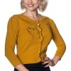 Pretty Kitty Fashion 3/4 Sleeve Mustard Kitten Embroidered Crop Cardigan | Tops