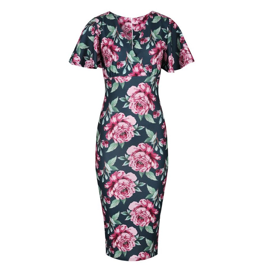 Pretty Kitty Fashion And Pink Floral Print Half Sleeve Deep V Neck Crossover Top Wigg | Pencil Dresses