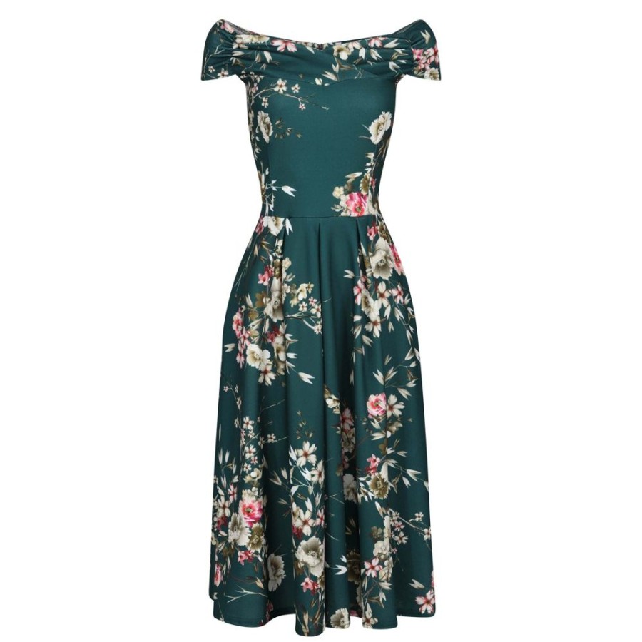 Pretty Kitty Fashion Floral Print Crossover Bardot 50S Swing Dress | 50S Swing Dresses