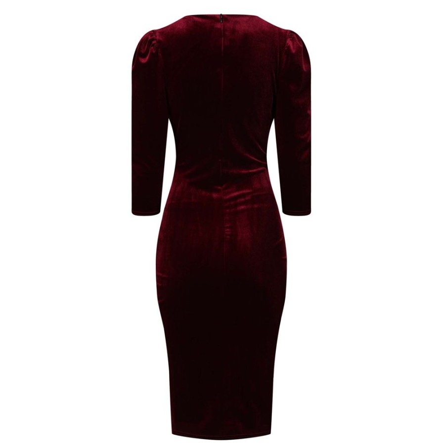 Pretty Kitty Fashion Claret Red Velour Wrapover 3/4 Sleeve Midi Dress | Party Dresses