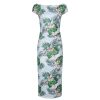 Pretty Kitty Fashion Blue Green Tropical Floral Print 40S Style Cap Sleeve Slinky Pencil Wi | Pencil Dresses