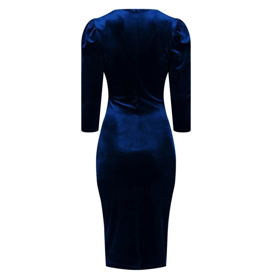 Pretty Kitty Fashion Blue Velour Wrapover 3/4 Sleeve Midi Dress | Pencil Dresses