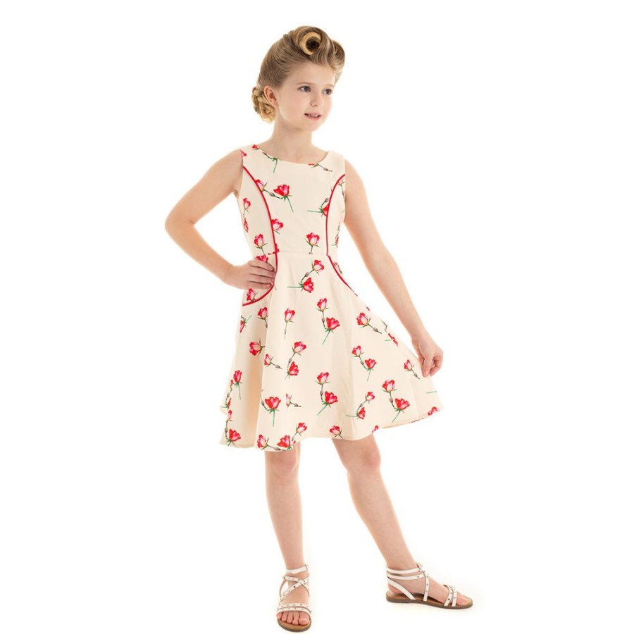 Pretty Kitty Fashion Little Kitty Girl'S Off Red Rose Floral Print Party Dress | Girls