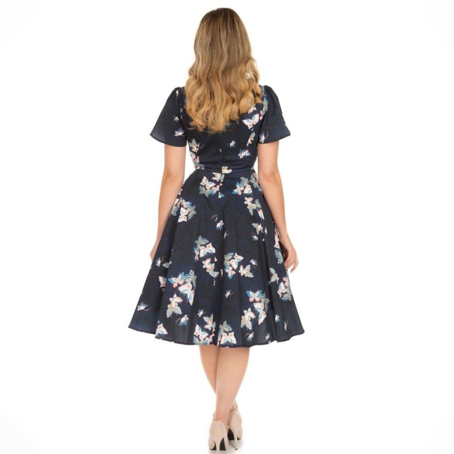 Hearts and Roses Dark Butterfly Print Sweetheart Neckline Rockabilly 50S Swing Dre | Tea Dresses