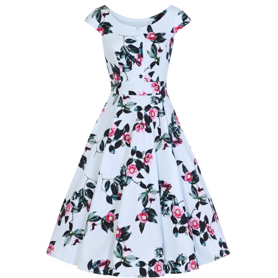 Pretty Kitty Fashion Pale Floral Print Vintage 50S Capped Sleeve Swing Dress | Floral Dresses