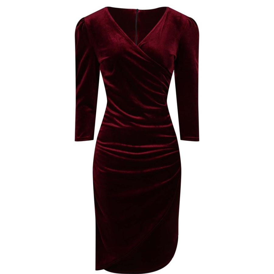 Pretty Kitty Fashion Claret Red Velour Wrapover 3/4 Sleeve Midi Dress | Pencil Dresses