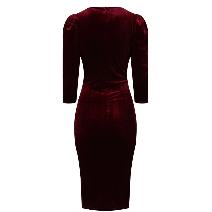 Pretty Kitty Fashion Claret Red Velour Wrapover 3/4 Sleeve Midi Dress | Pencil Dresses