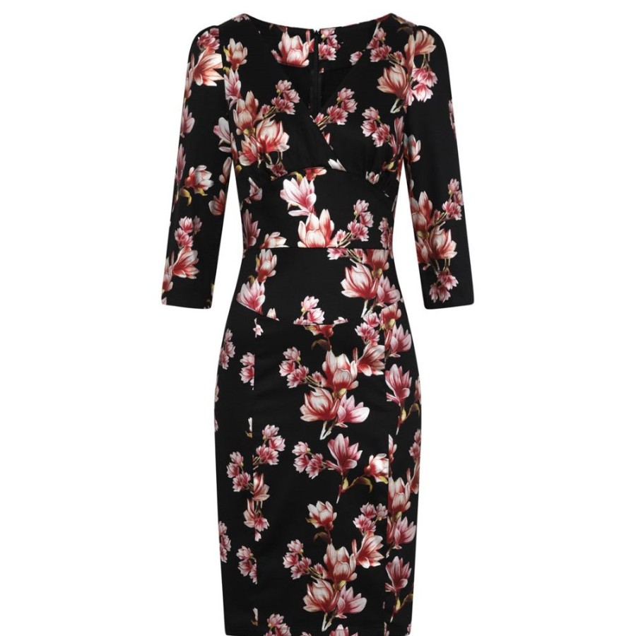 Pretty Kitty Fashion And Metallic Magnolia Print 3/4 Sleeve 50S Wiggle Dress | Floral Dresses