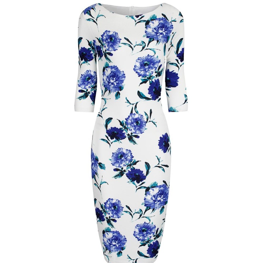 Pretty Kitty Fashion White And Blue Floral Print 3/4 Sleeve Bodycon Pencil Wiggle Dress | Pencil Dresses