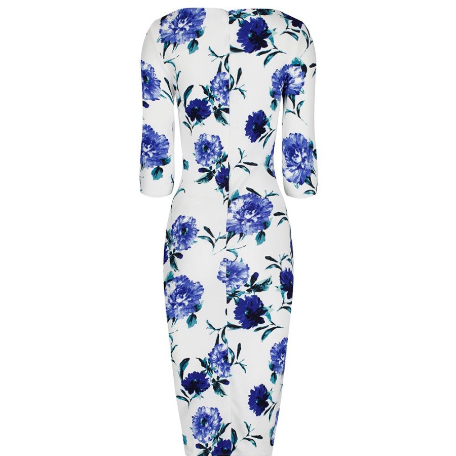 Pretty Kitty Fashion White And Blue Floral Print 3/4 Sleeve Bodycon Pencil Wiggle Dress | Pencil Dresses