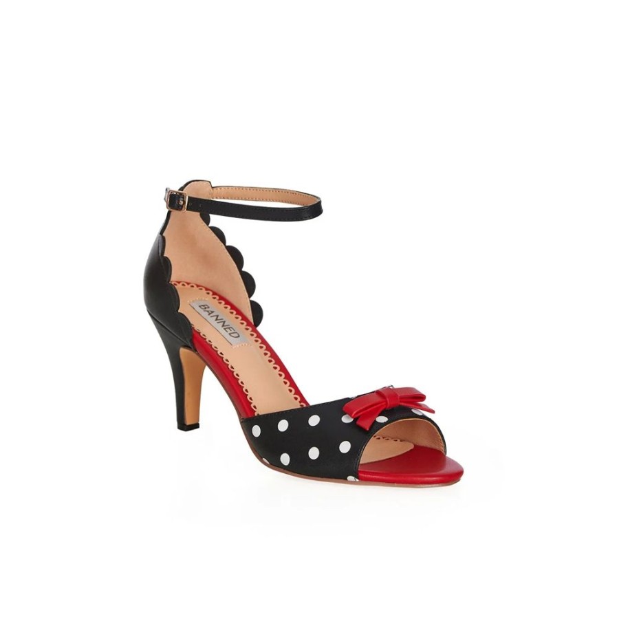 Dancing Days by Banned And White Polka Dot Open Toe Heels With Red Bow Detail | Shoes