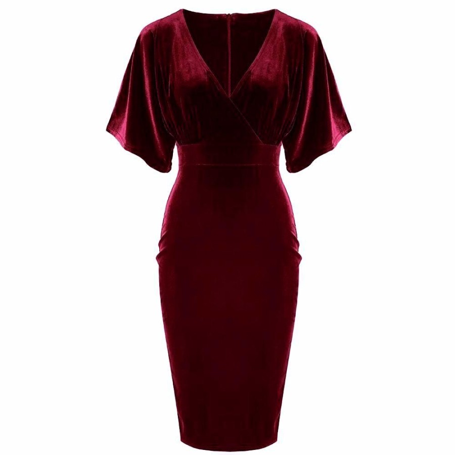 Pretty Kitty Fashion Red Claret Velour Half Batwing Sleeve Crossover Top Wiggle Dress | Party Dresses