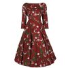 Pretty Kitty Fashion Wine Maroon Autumn Rose Print 3/4 Sleeve Retro Chic Dress | Cocktail Dresses