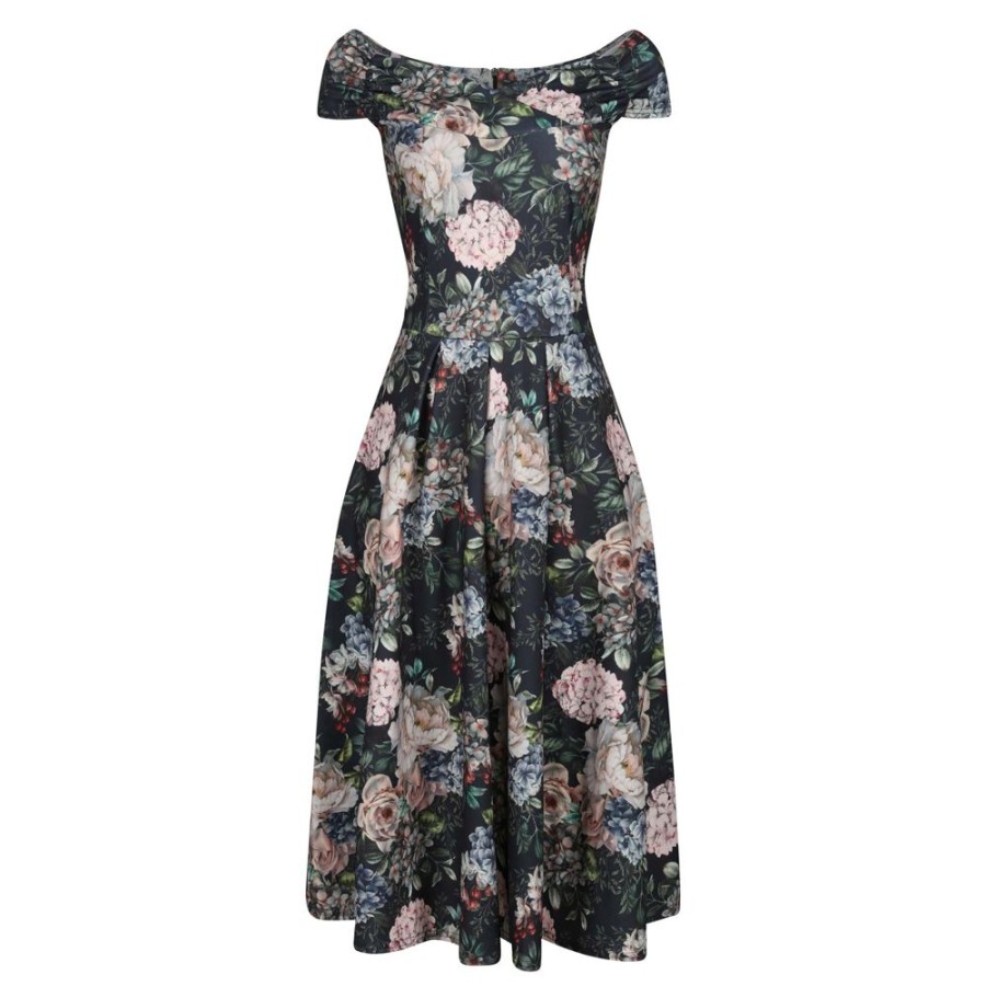 Pretty Kitty Fashion Navy Black Floral Print Crossover Bardot 50S Swing Dress | 50S Swing Dresses