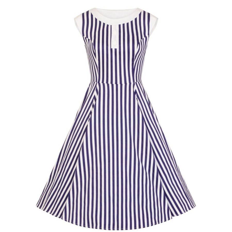 Pretty Kitty Fashion Navy Blue And White Striped Sleeveless Rockabilly 50S Swing Dress | 50S Swing Dresses