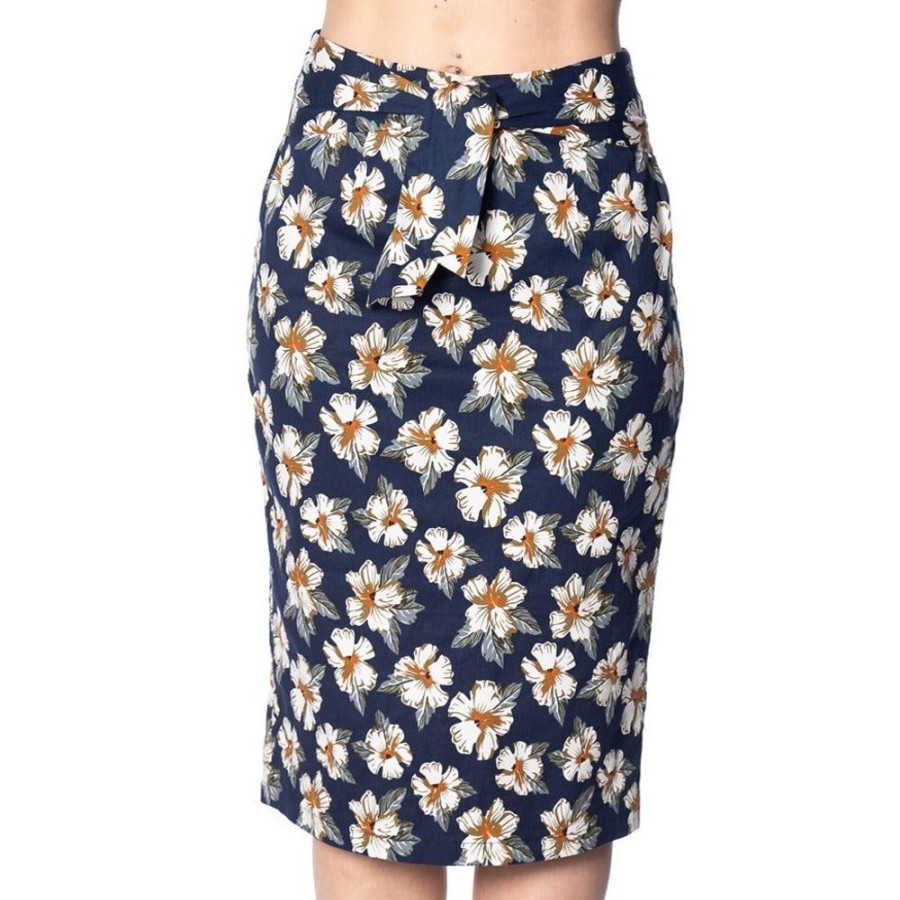 Banned Retro Navy Hawaiian Style Floral Tie-Waist Pencil Skirt | Skirts