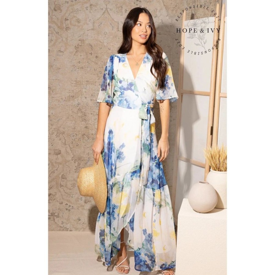 Pretty Kitty Fashion Hope & Ivy White & Blue Floral Print Flutter Sleeve Maxi Wrap Dress | Maxi Dresses