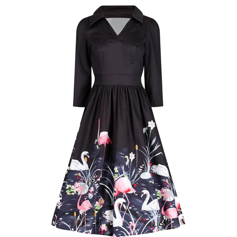 Pretty Kitty Fashion 3/4 Sleeve Swan And Flamingo Print 50S Swing Tea Dress | Tea Dresses