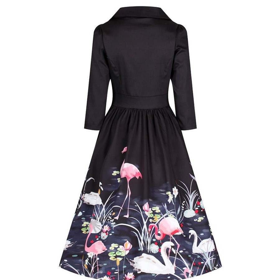 Pretty Kitty Fashion 3/4 Sleeve Swan And Flamingo Print 50S Swing Tea Dress | Tea Dresses