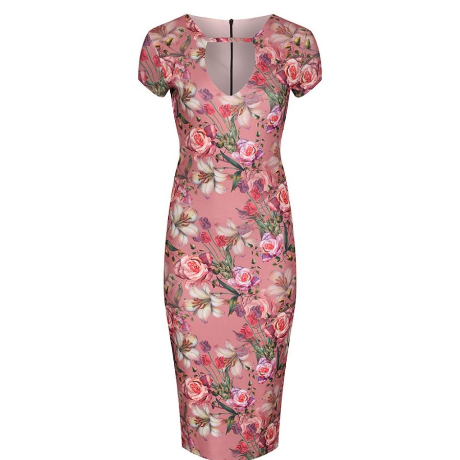 Pretty Kitty Fashion Pale Floral Print Capped Sleeve Wiggle Pencil Dress | Floral Dresses